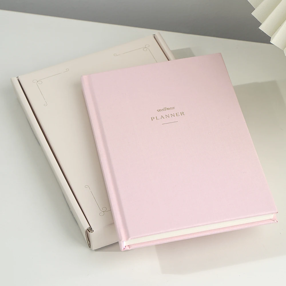 custom printing logo hardcover linen cover A5 bound paper journal notebook wellness planner gift set