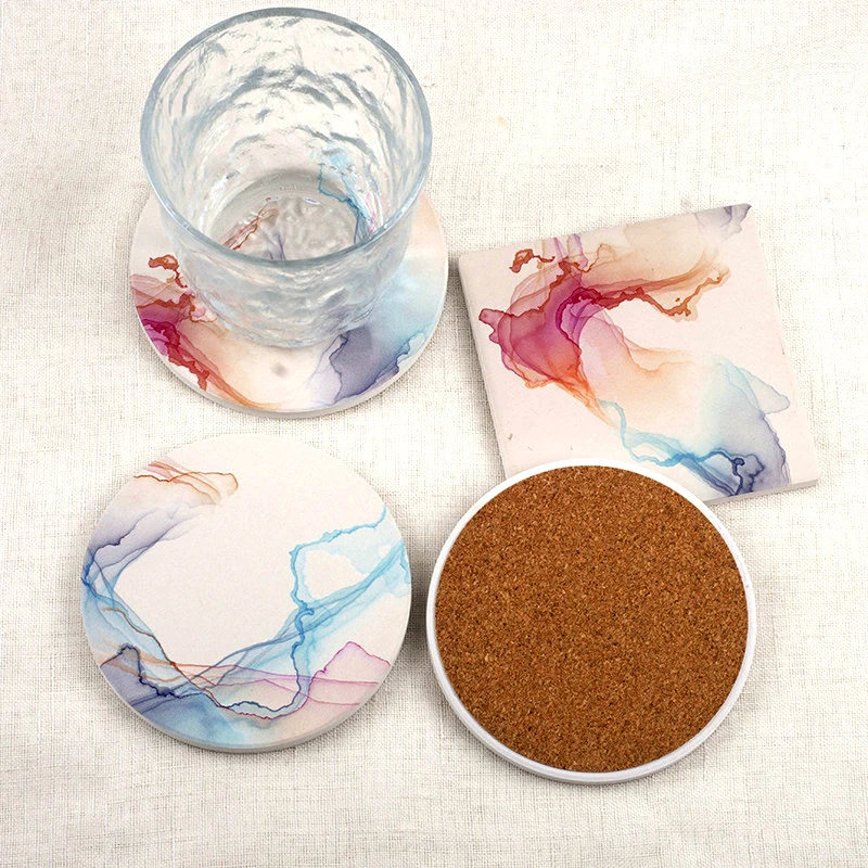 Print Marble Pattern Ceramic Coaster With Holder Cork Base Promotional Coaster Round Absorbent Coffee Mug Cup Mat