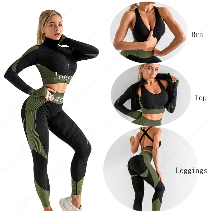 
2021 High Elastic 3 Piece Gym Workout Clothing Yoga Set Jogging Women Sportswear High Impact Seamless 3 Pcs Fitness Yoga Suit 