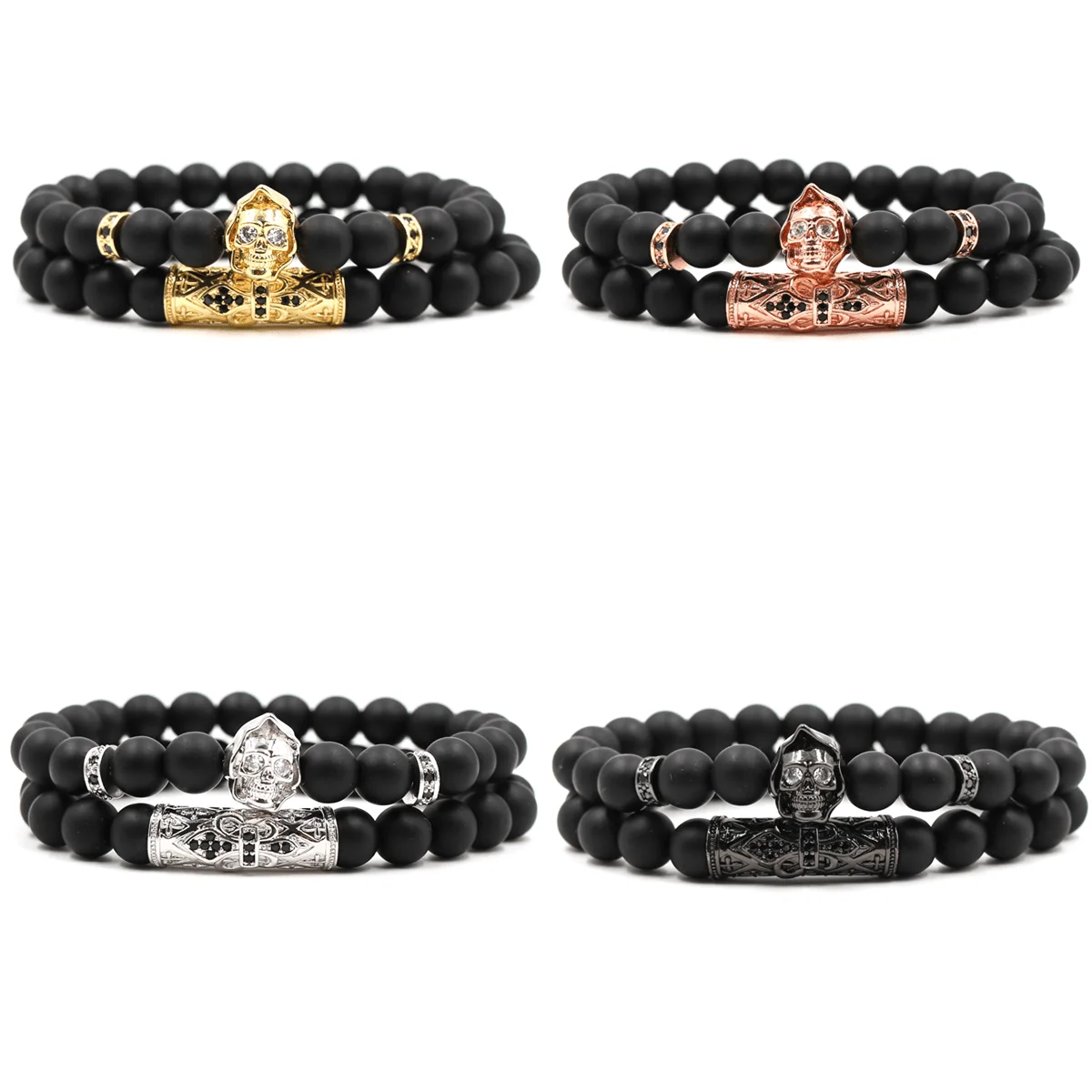 Classic 2pc/set Stretch Black Natural Stone Beaded Bracelet Mens Pave Zircon Cz Ball Skull Lion Charms Bracelets Jewelry Set