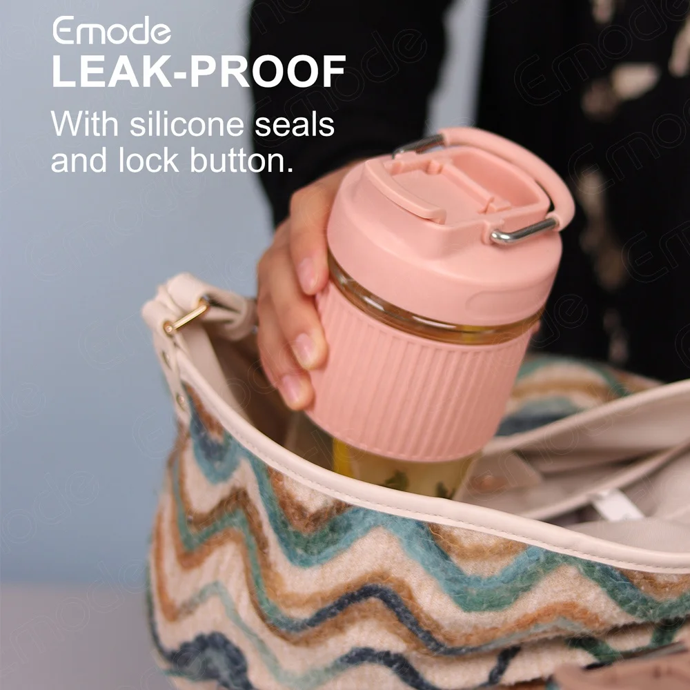 Emode 12oz Glass Cup with Lock Handle Lid Nonslip Sleeve Reusable Drinking Glass Thick Insulated Glass Cup,Smoothie Tumbler