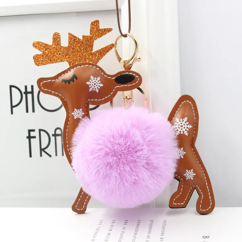 Fashion Plush Christmas Key Chain Furry Puff Ball Pom Pom PU Leather Lovely Elk Keychain Decor Gift Handbag Charm Pendant