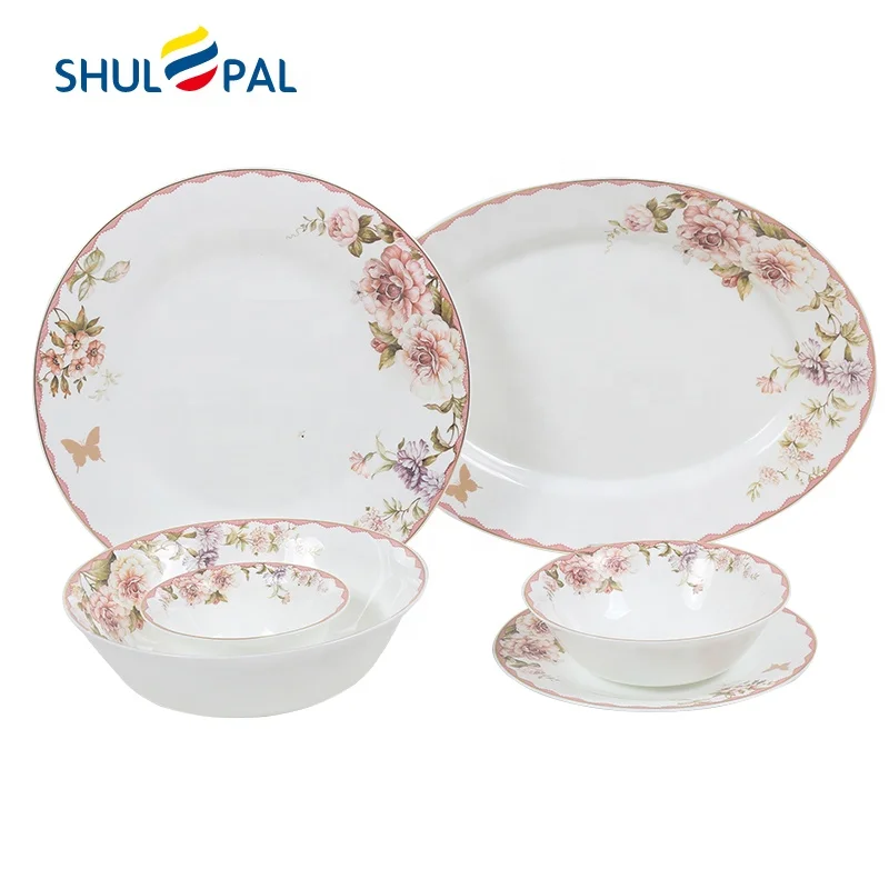27 Pcs Opal Glass Dinner Set Luxury Gold Decorative Arabic Dinner Tableware Dinnerware Set