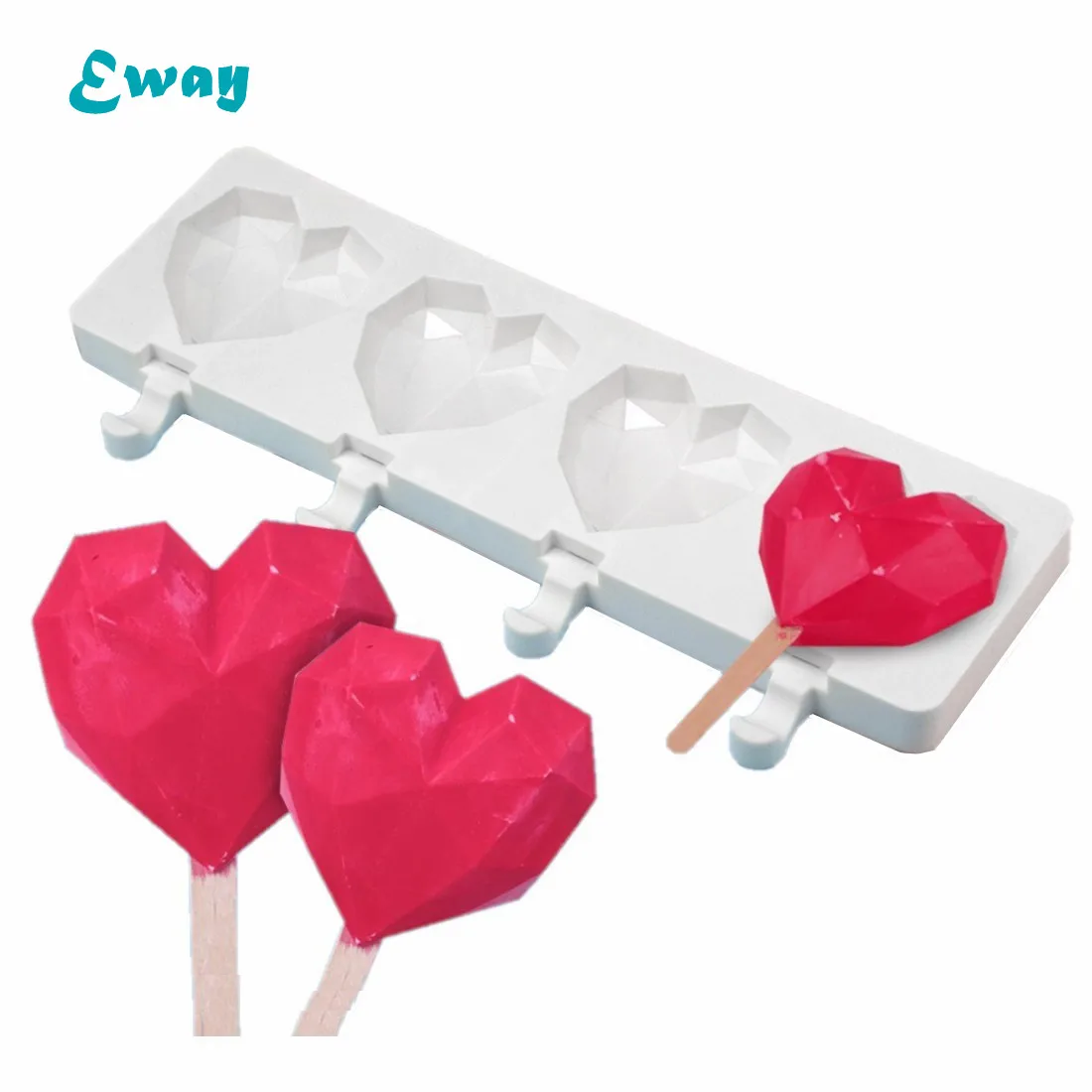 4 Cavities Love Heart Shaped Diamond Ice Cream Molds Popsicle Molds Silicone Ice Pop Molds