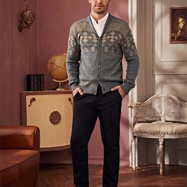 
Jacquard Knitwear Winter Knitted Striped Custom Mens Shawl Collar Cardigan Sweater 