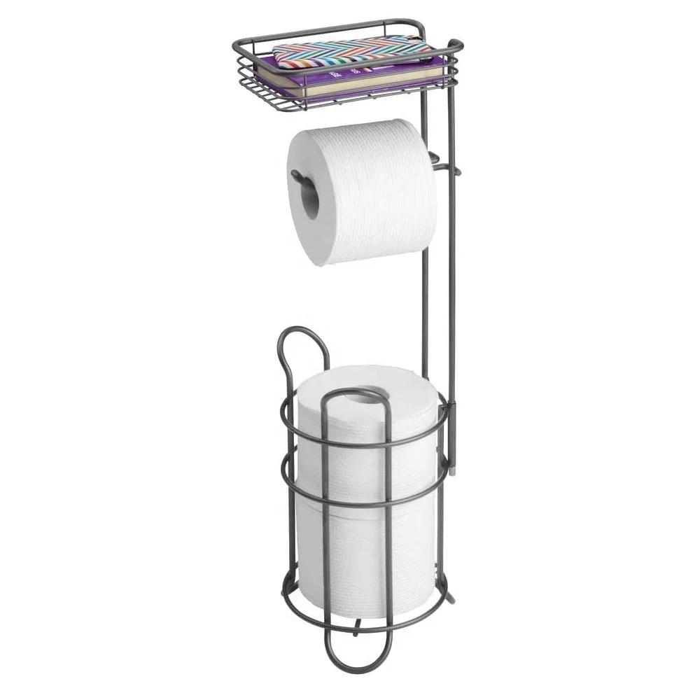 Bathroom Freestanding Metal Wire Toilet Paper Roll Holder Stand and Dispenser with Storage Shelf for Cell Mobile Phone