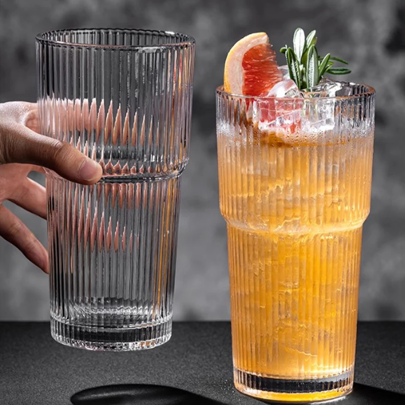Wholesale Large Capacity Drinking Glass Tumbler Stackable Ribbed Coke Coffee Cup Striped Cocktail Water Glasses