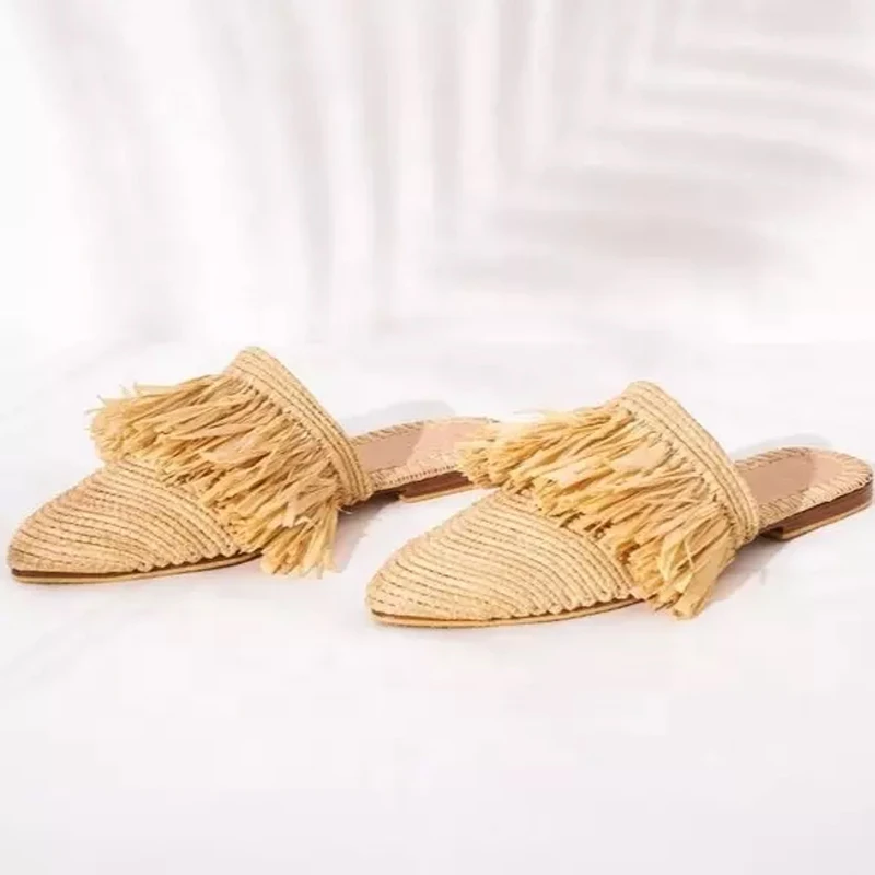 Wholesale Shoes Flat Quick-drying Luxury Shoes Handmade Women Raffia Shoes Slippers Sandals Ladies Footwear GENUINE Leather