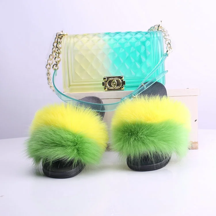 
New Women Fashionable Fluffy Fox Fur Sandals Slippers No Slip and Jelly Bag Set 