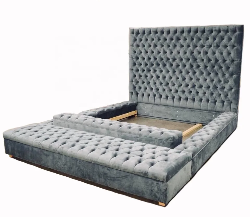 OEM New design Bedroom furniture Upholstered bed Wide tufted headboard Velvet king bed. Fabric pine modern wood plywood