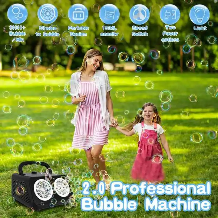 QW Hot 26Hole Electric Soap Bubble Blowing Outdoor Toys Portable Automatic Bubble Blower Machine With Lights Sound Summer Toys