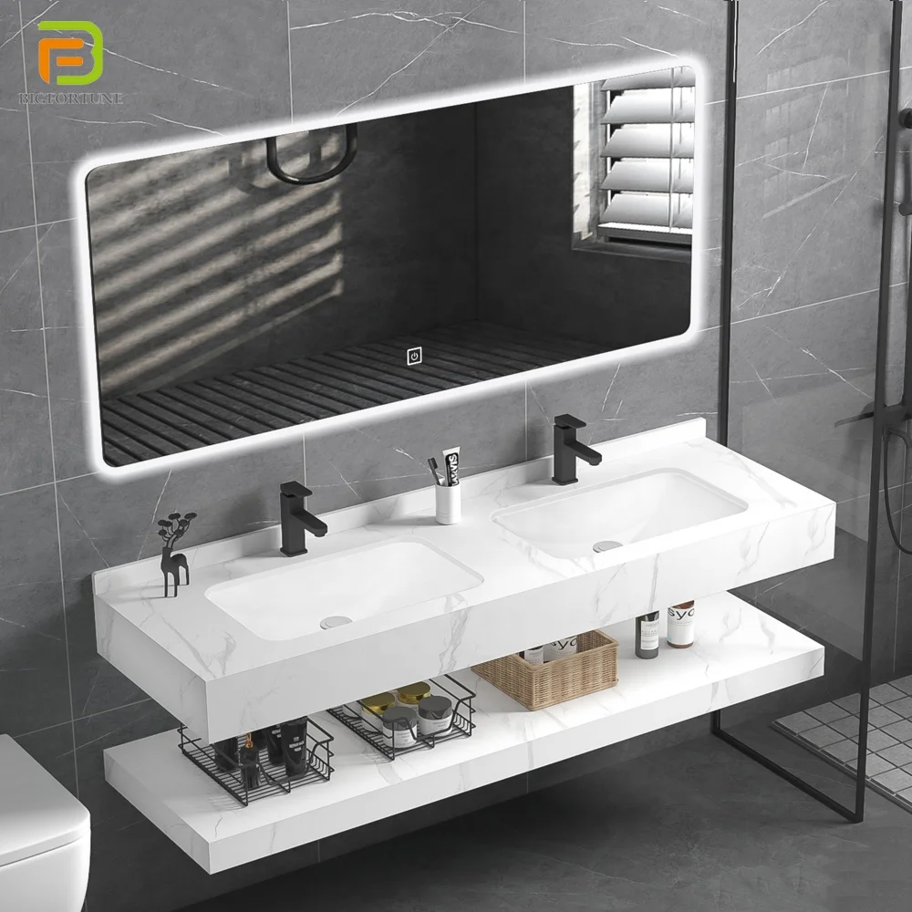 Customized double integrated sink bathroom vanity cabinet set with marble counter top basin