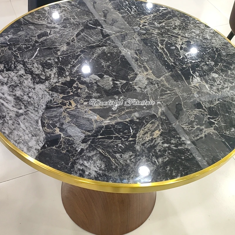 80 CM Round Black Mirrored  Coffee Table Fashion Metal Leg Rock Plate CoffeeTable