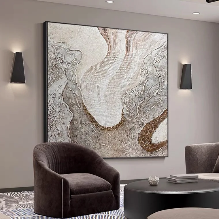 Framed Pink Warm Color Abstract Artwork Golden Lines Painting  for Living Room Bedroom Wall
