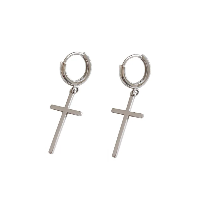S925 Sterling Silver Fashion Minimalist Temperament Glossy Round Cross Long Earrings
