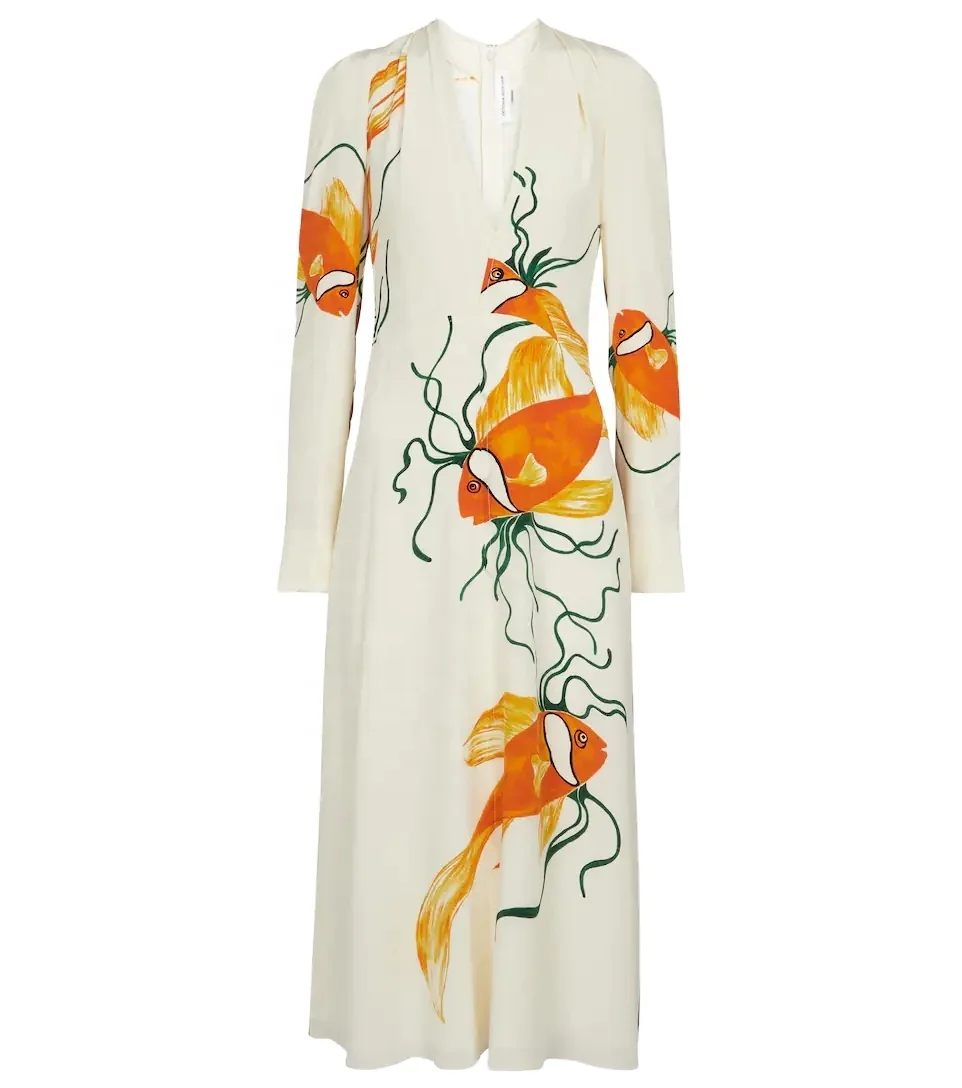 Office Lady Custom Off-shoulder V-neck White Printing Ladies Floral Print Dress