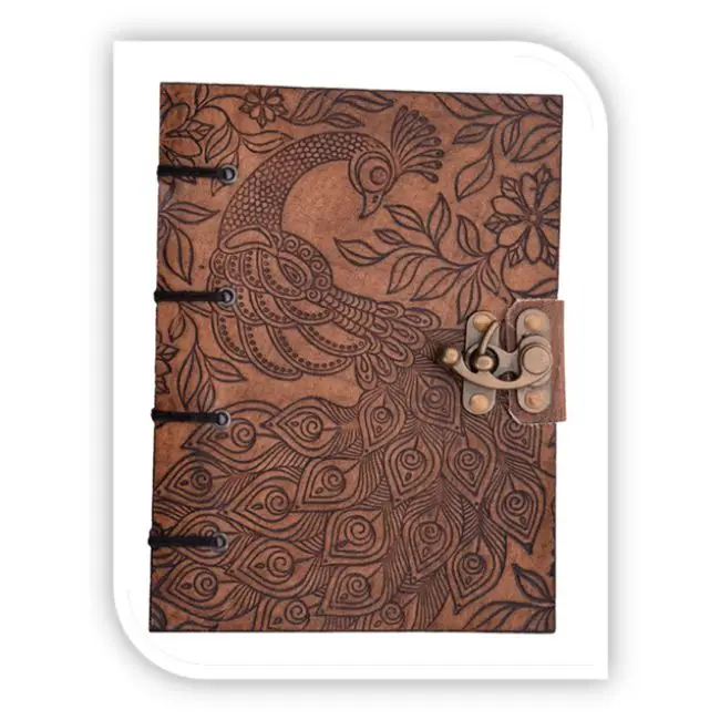 Beautiful Peacock Embossed Leather Journal With Side Stitched And Lock Closure Diary