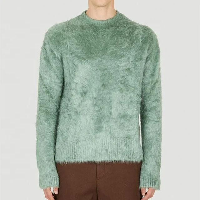 2023 Custom OEM & ODM sweaters men mohair Fuzzy Long Sleeve knitwear winter knitted pullover Fluffy Knit Sweater in Green