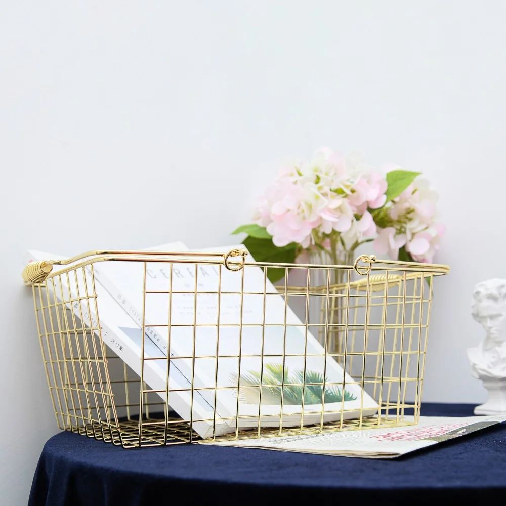 Maxery Groceries Gold-plated Tableware Shopping Basket Wrought Iron Trolley Pink Restaurant Storage Basket Picnic Basket Superma