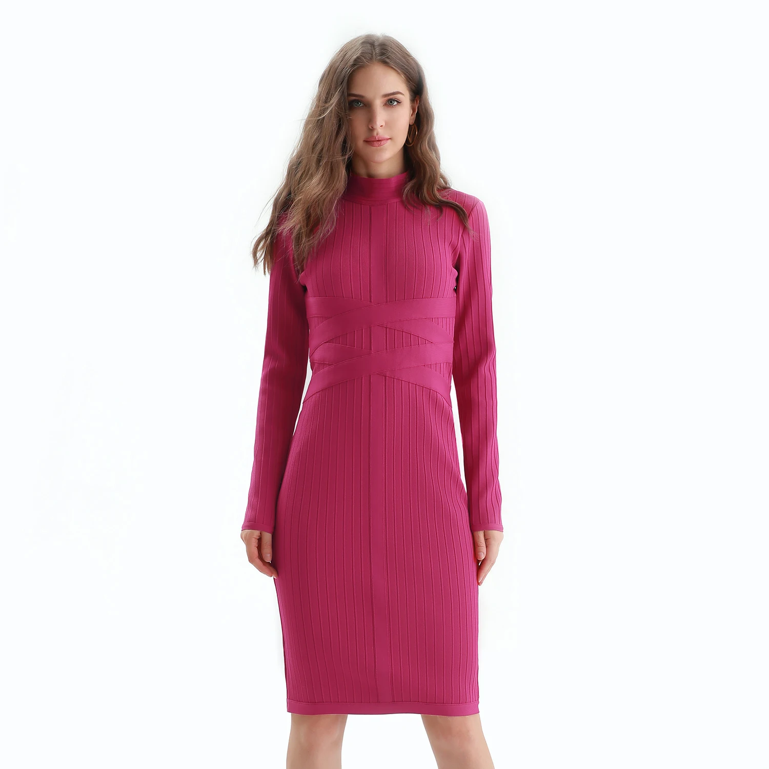 
Fuchsia Fitted Dress Office Dresses Women Formal Long Sleeve Party Bandage Dress 