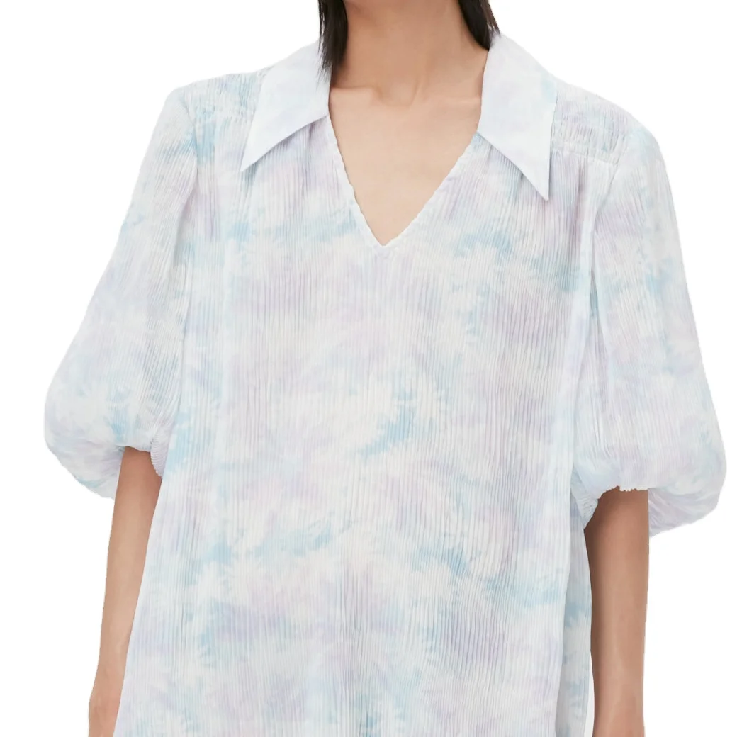 Trendy Custom Women Casual Short Dress Puff Sleeve V Neck Korea Summer Fashion Chiffon Dress 2022