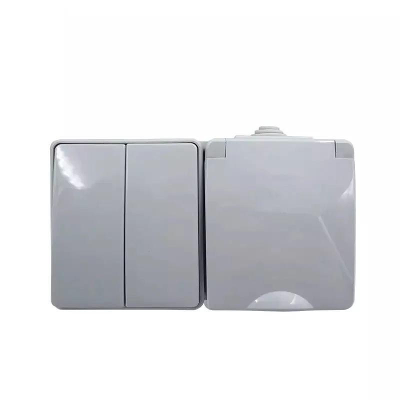 2 Gang 2 Way Light Switch and 1 gang Schuko wall sockets with earthing and protective door wall plate switch IP65 wall switches