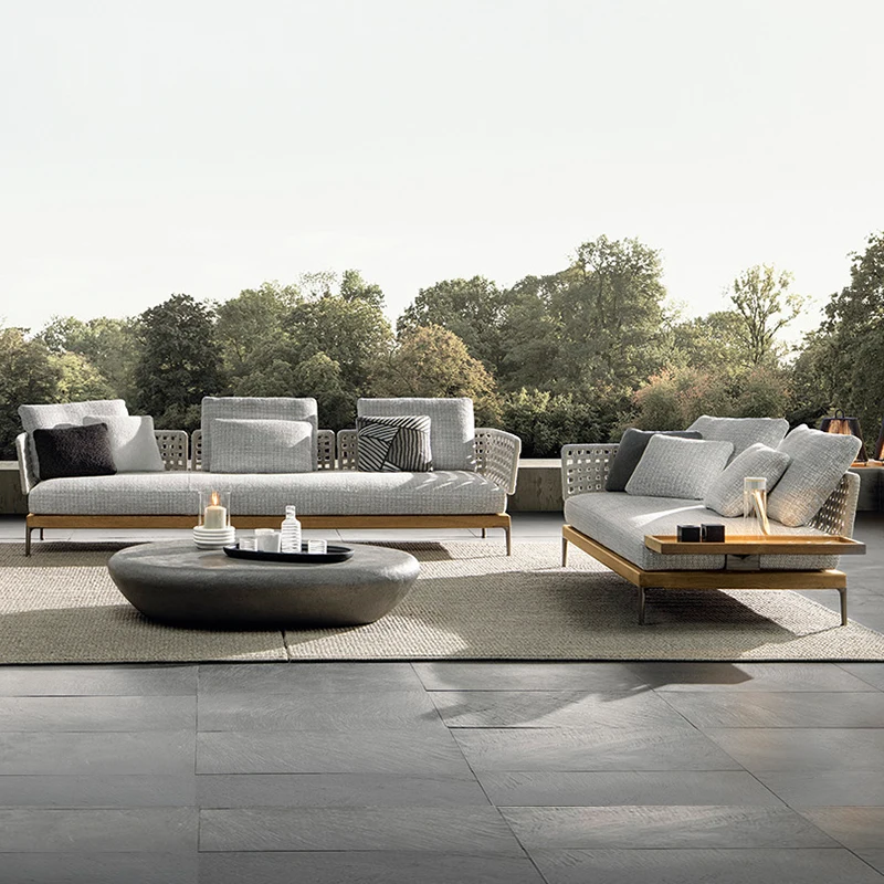 Aluminum and Teak  Sectional Sofa Set Garden Rope Style for Patio Bedroom Backyard Park Leisure Use
