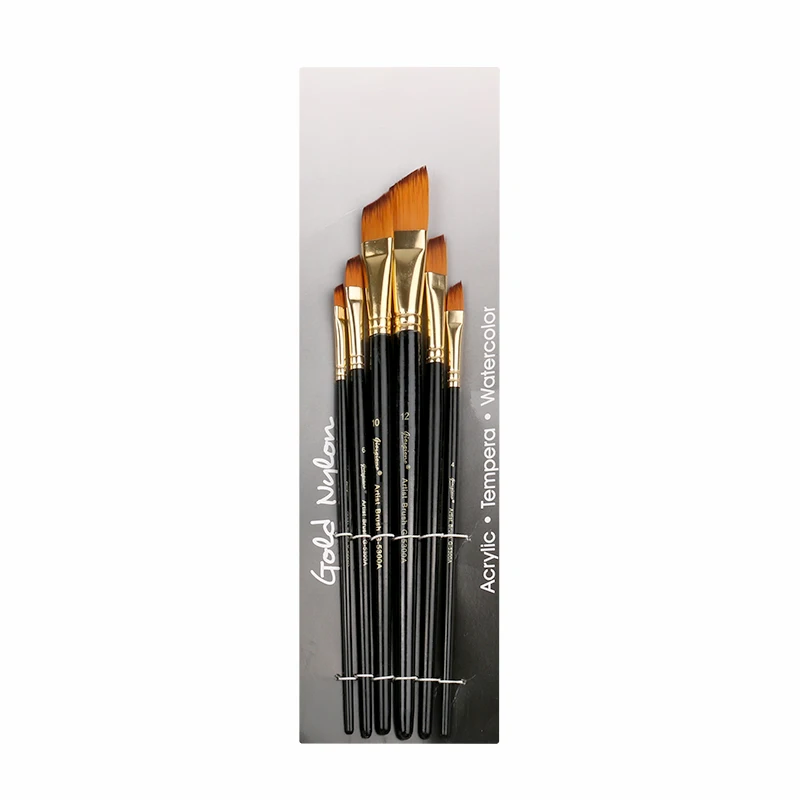 Giorgione 6 Pieces Angular Shape Nylon Hair Copper Ferrule Black Tip Wooden Handle Paintbrush set