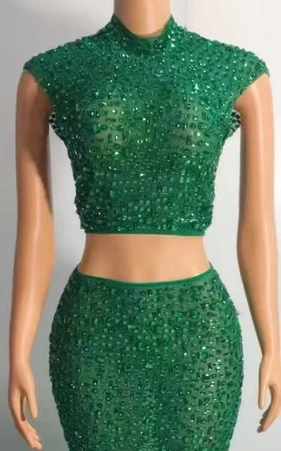Latest Products Two Piece Set Women Stunning Bling Bling Rhinestones Clothing Glittering Crystals Cute Club Dresses High Neck