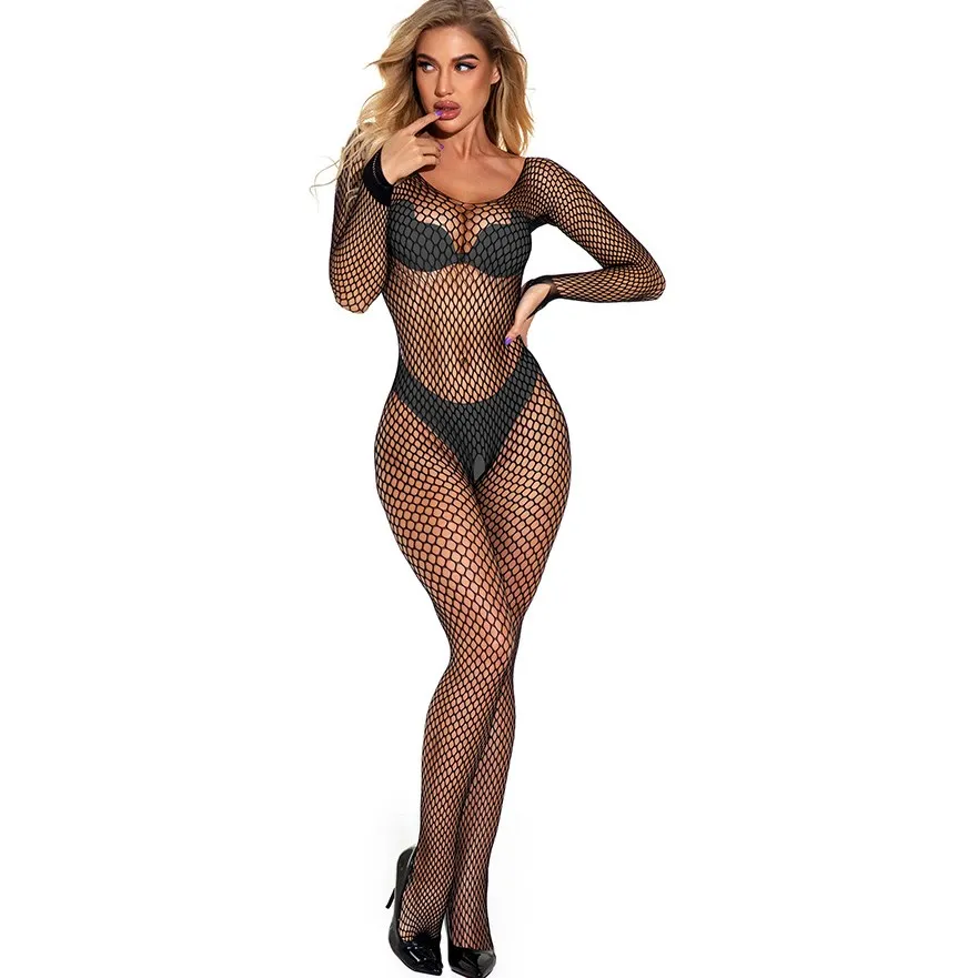 Jacquard Sexy fishnet Hollow Out bodysuit Open Fork long Sleeve One Piece Sexy Hot Erotic Lingerie BodyStockings