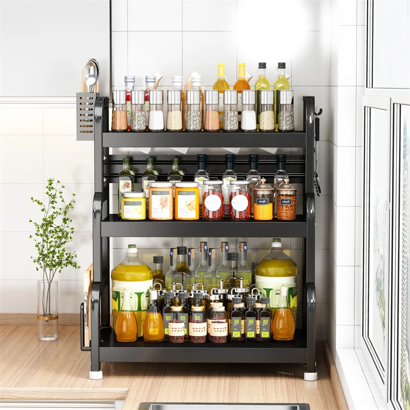 Multifunctional Three-Tier Standing Kitchen Rack Metal Shelf Spice Storage Seasoning Organizer Plastic Iron Bathroom Accessories