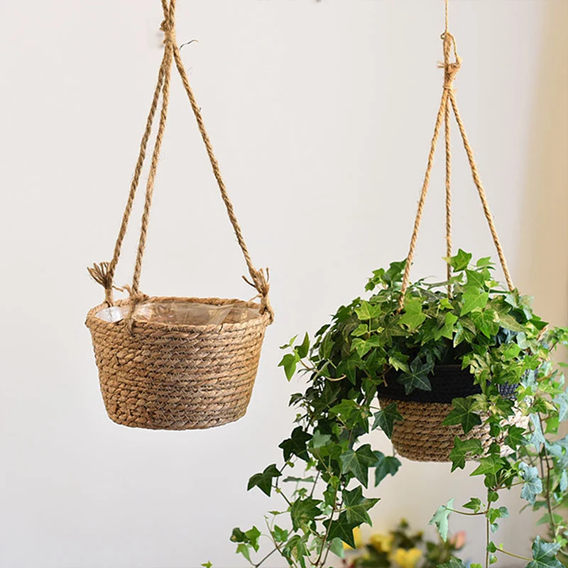 Natural Straw Woven Hanging Planter Baskets Garden Potted  Hanging Vase Large Capacity Rattan Basket Hand Woven Plant Holder