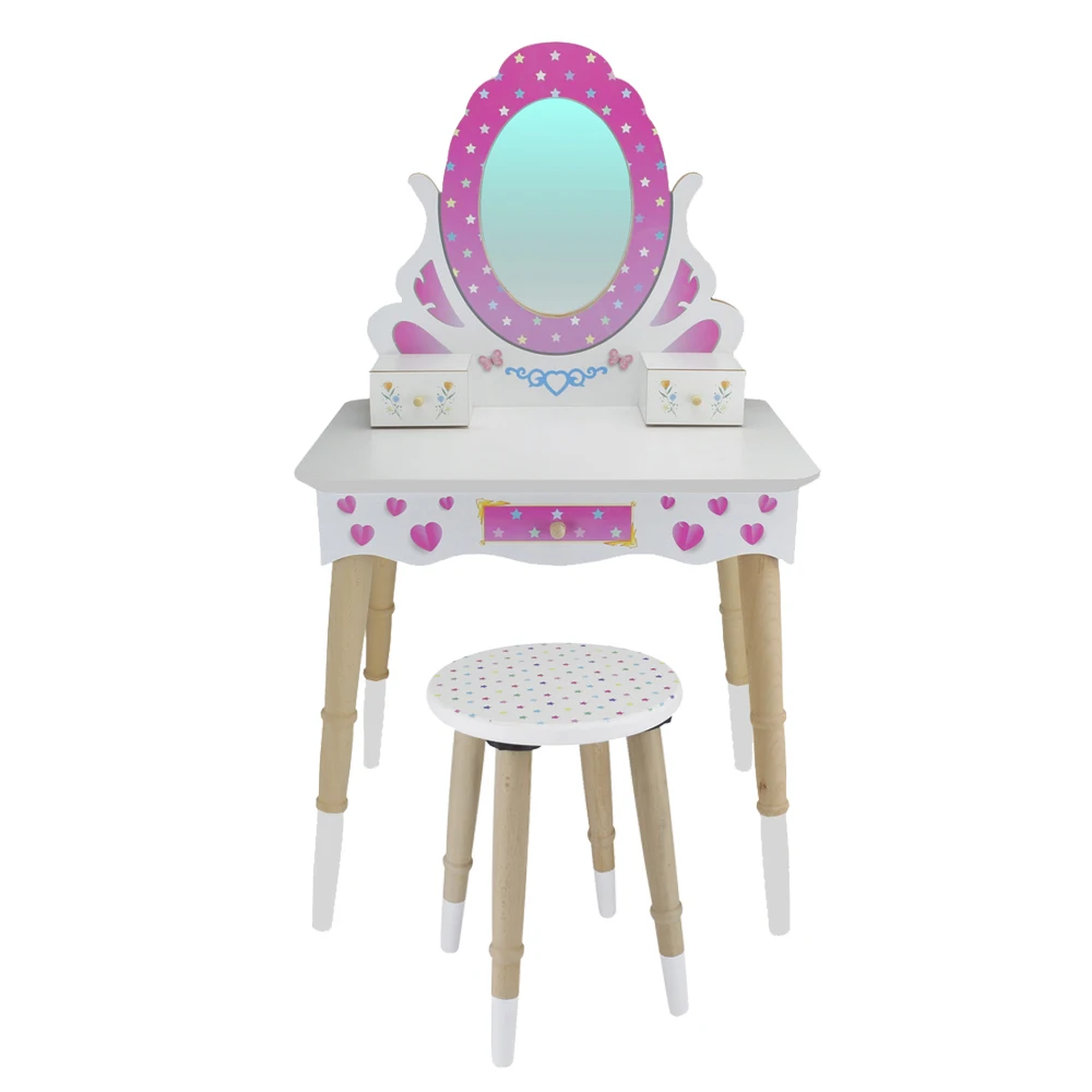 Pink Princess Dressing Vanity Desk with Stool Wood Make up Table Pretend Play with Mirror Chair  Girl Beauty Toy makeup Set