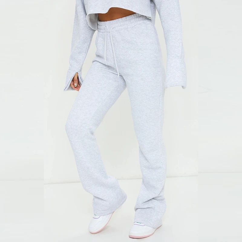 Winter Custom Women Flare Sleeve And Pants Wool Hoodie Set 2 Pieces Set Crop Top Hooded Fleece Tracksuits