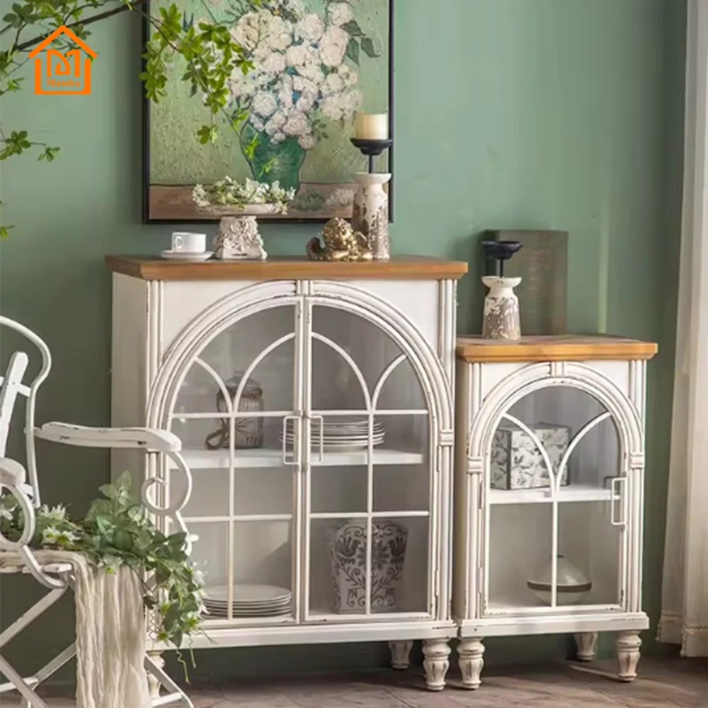 Contemporary European Vintage Kitchen Retro White Wood Storage Cabinet Showcase Display Stand Dining Living Room Furniture