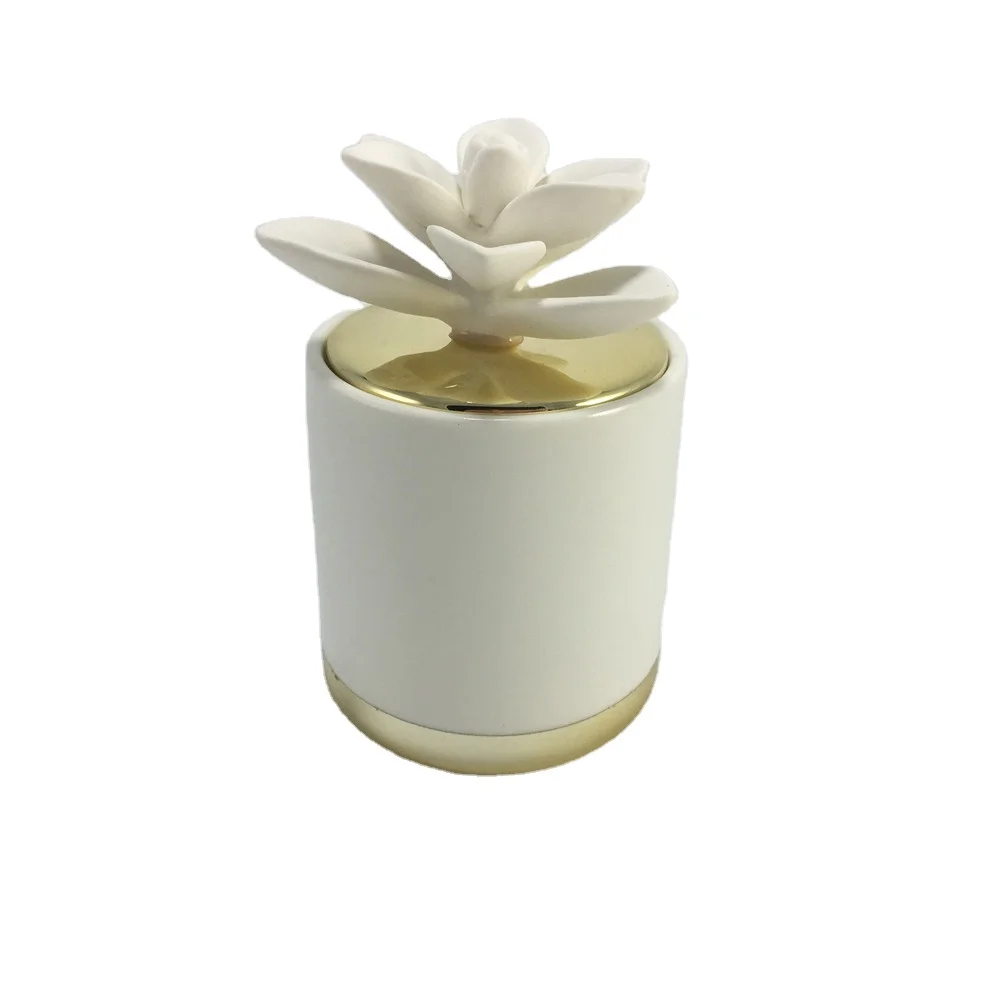 Unique Ceramic candle jar with ceramic flower gold lid