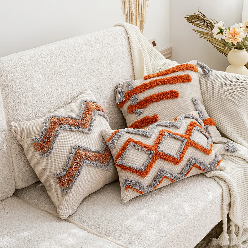 French Style Brown Living Room Sofa Cushion Light Luxury Geometric Embroidery Backrest Pillowcase for Home or Hotel