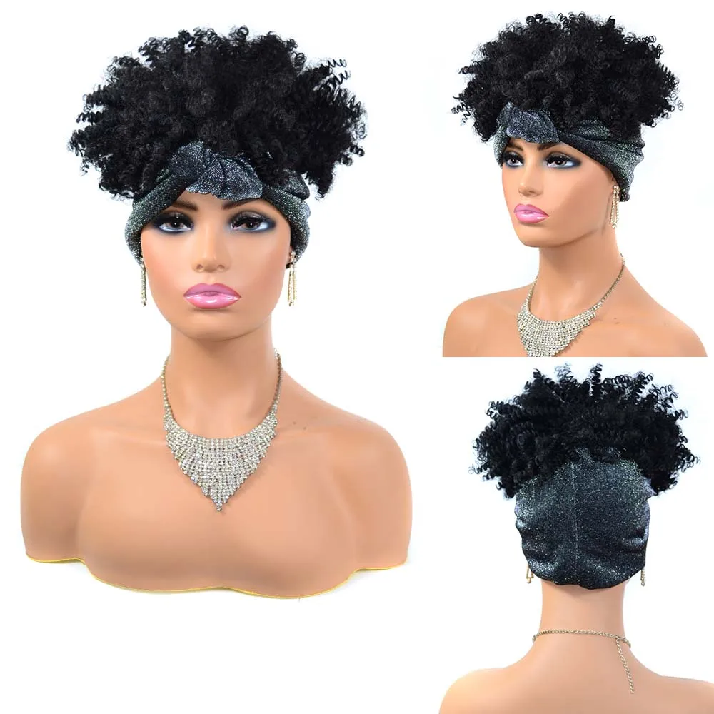 Wholesale Easy Attached Afro Kinky Curly Wrap Turban Headband Wig For Black Women Ombre Cheap Short Synthetic Hair Headband Wigs