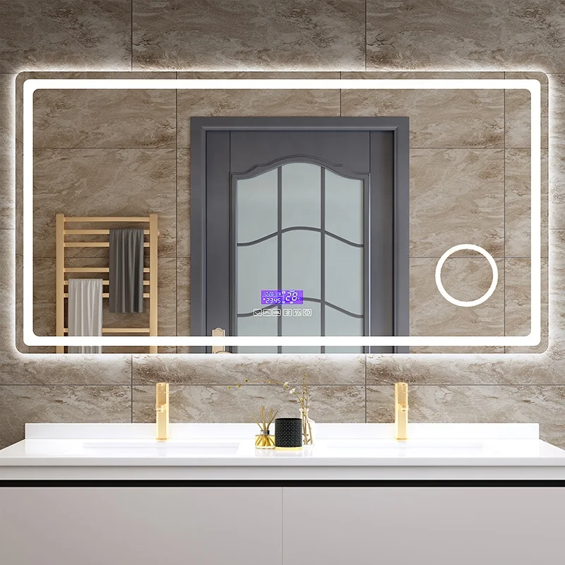 Wall mounted Foshan factory touch screen demist led backlit bathroom mirror light with blue tooth for hotel