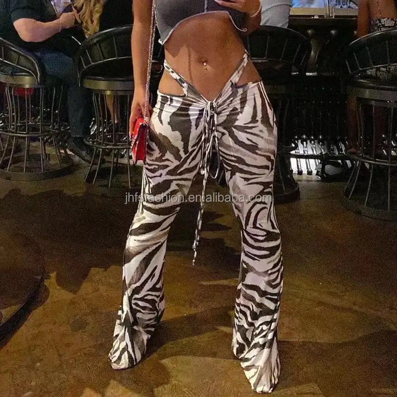 J&H fashion 2022 new arrivals sexy bikini strap cut out trousers zebra animal print stretchy wide leg pants trendy flare jeans