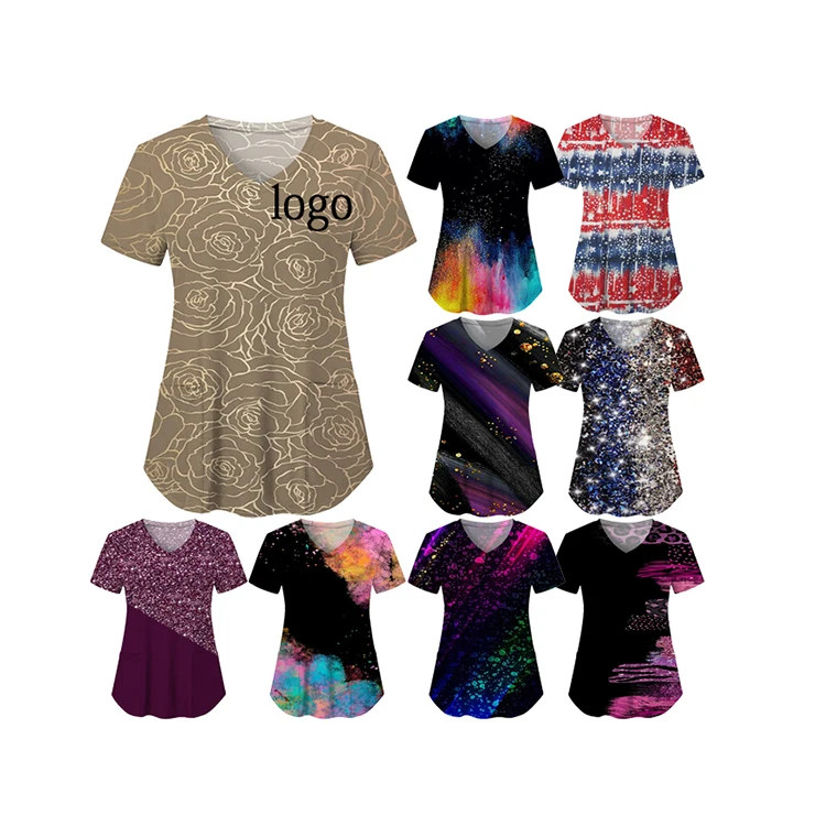 Unisex Printed Hospital Scrubs Graphic T-Shirts OEM Nurse Uniforms for Pregnant Women Maternity & Nursing Breastfeeding T-Blouse