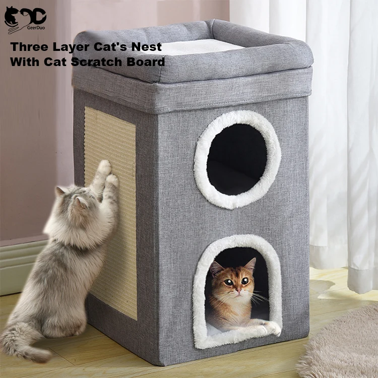 GeerDuo Pet Winter Luxury Large Stable Foldable Comfortable Double Floor Cat House Cave Nest