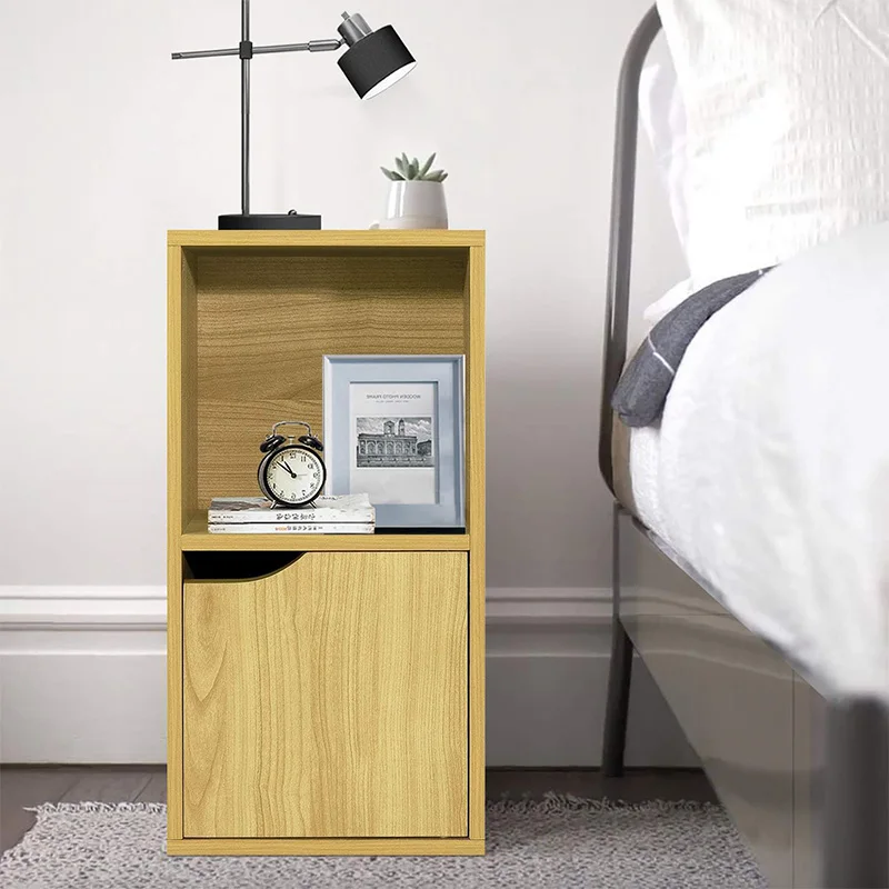 Wooden 2 cubed bookcase with door Modern Small 2 Tier Bookshelf Living Room Furniture