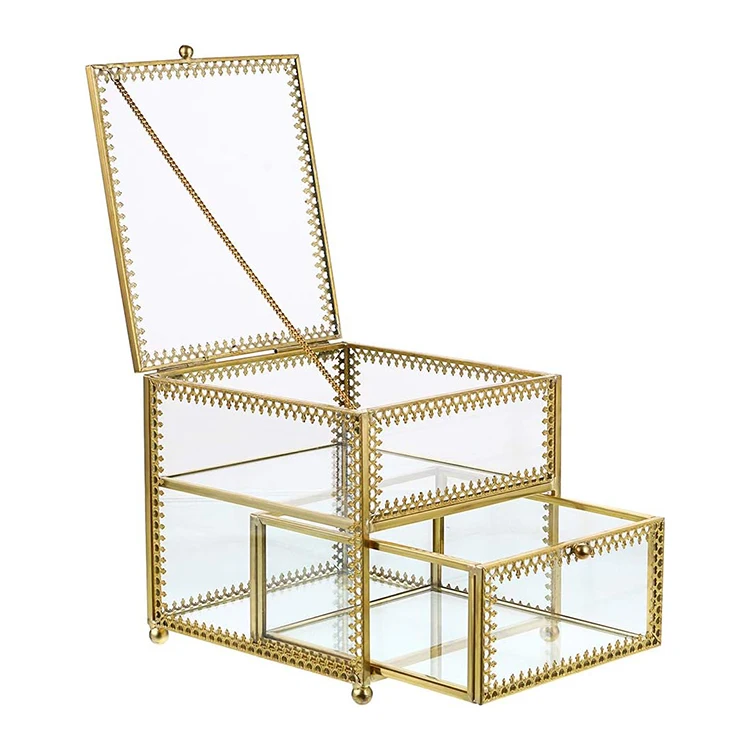 Vintage Glass Jewelry Trinket Box Bracelets Necklace Watch Rings Organizer holder Jewelry Display Case with Drawer