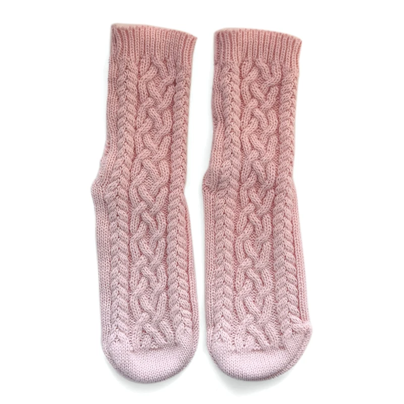Long slipper socks with rubber sole for adults indoor household solid white knitted non-slip warmer floor socks
