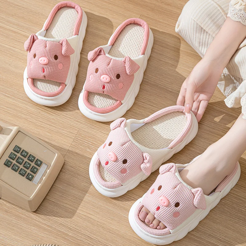 Wholesale Women Quiet Indoor Cool Flax Comfy Slides Fashion Home Summer Cute Small Pig Animal Linen Shoe Slippers