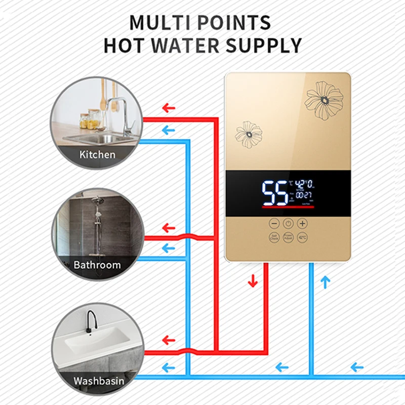 LED Screen Ecosmart CE EMC CB OEM 5.5kw 220V Instant Bathroom Kitchen Shower with Electric Tankless Water Heater App