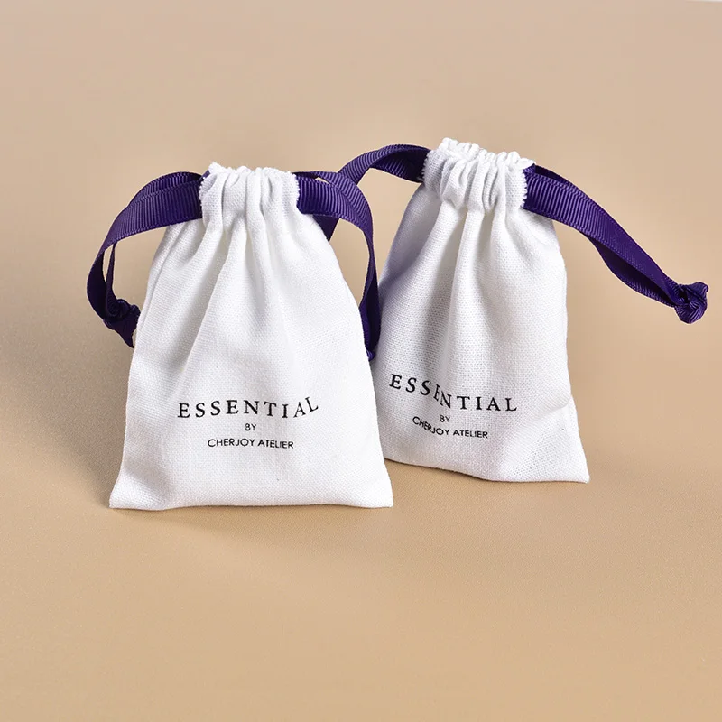 Custom Logo Printed Canvas Linen Jewelry Pouch Eco Friendly Gift Drawstring Pouch Organic Small Cotton Linen Drawstring Bag