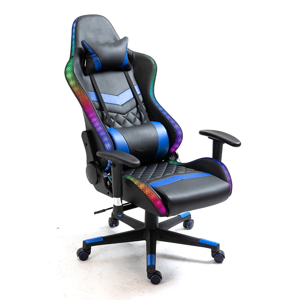 Оптовая продажа, индивидуальный логотип, синяя искусственная кожа, rgb, светодиодный свет, откидной, гоночный игровой стул с динамиком