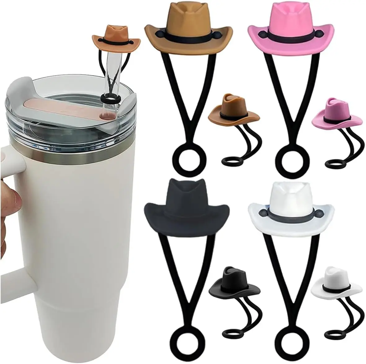hot sell 4 colors soft silicone 10mm cowboy cowgirl hat straw topper cool cute funny cup straw cover cup accessories